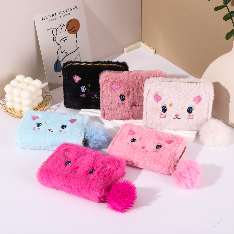 Embroidered wallet kitten short zipper wallet clutch plush wallet e-commerce factory wholesale bag