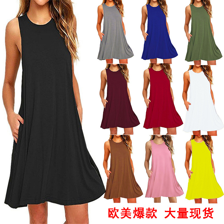 shopee European and American summer fashion sleeveless pocket vest explosion new solid color dress women's clothing
