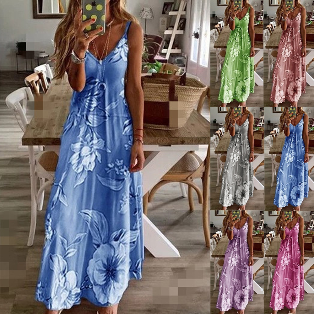 Spring and Summer European and American New Women's Dress Slim-fit Slim Long Flower Strap Dress