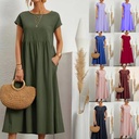 solid color sleeveless loose cotton and linen pocket dress in stock