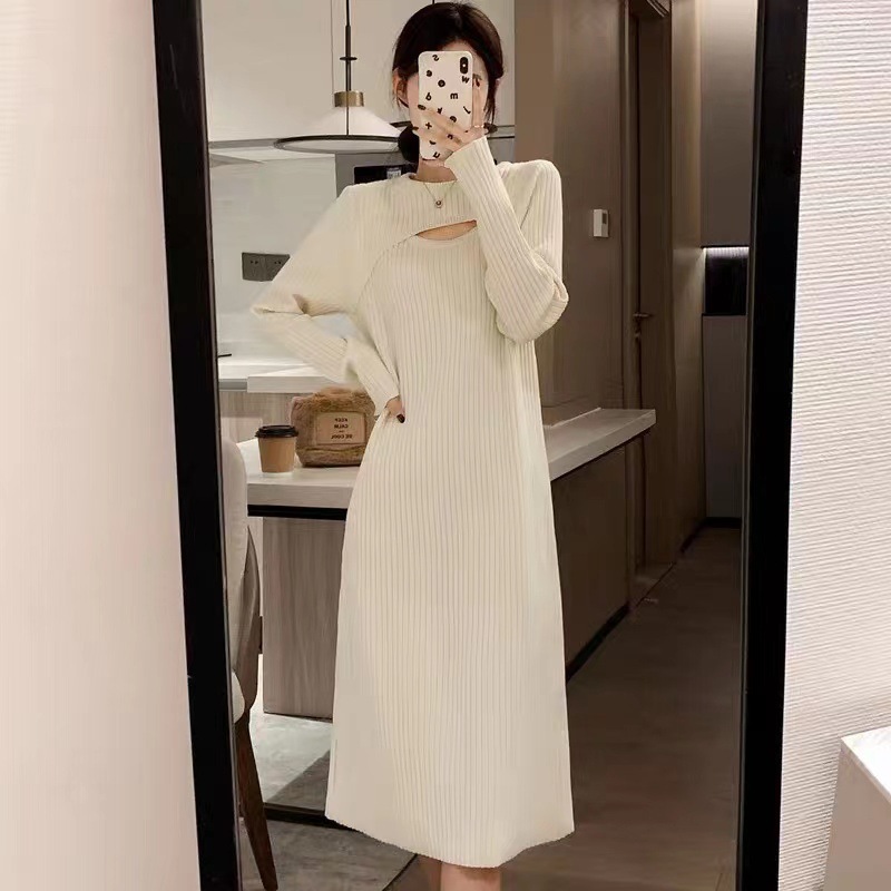 New High-end Sense Coat Inner Long Skirt White Knitted Base Dress Women's Autumn and Winter Sweater Dress