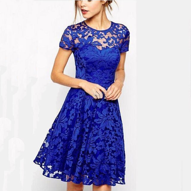 006 temperament fashion round neck short sleeve blue lace dress spot