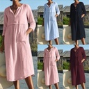 spring and summer popular round neck button pocket cotton linen half sleeve solid color dress