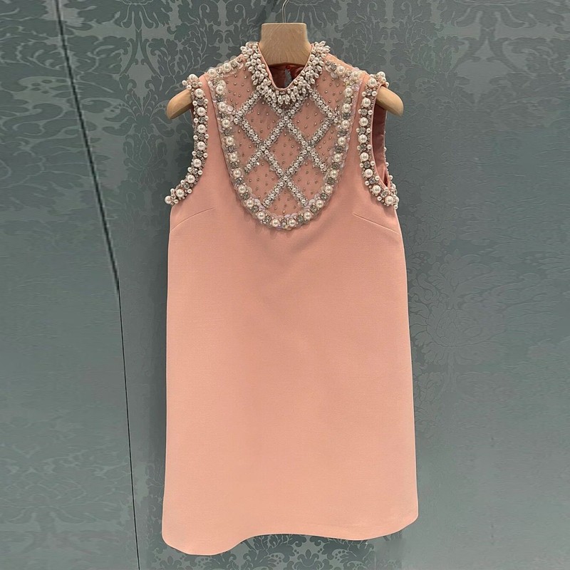 Miu Miu Chunxia Heavy Industry Diamond Dress Luxury Sleeveless Round Neck Dress Dress Elegant High-end A- line Dress for Women