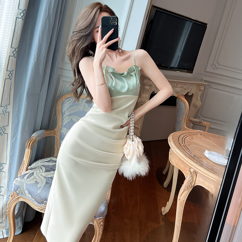 Summer Pure Desire Style Pleated Contrast Color Stitching Slim-fit Tight Waist Sling Long Hip Dress Women's 6254