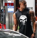 New Pattern Men's Bodybuilding Fitness Sports Vest Hooded Sleeveless T-shirt Skull Stitching Loose Large Size