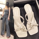 Gentle Style Pearl Sandals and Slippers Women's Summer Outfit Square Toe Stiletto Heel Flip-toe Sexy French High Heels