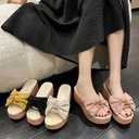 New Summer Thick Bottom Wedge Slippers Women's Fashionable Korean Style Outer Wear One Word High Heel Platform Bottom Bow