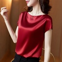 Round neck short sleeve T-shirt women's solid color mulberry silk texture top large size loose satin base shirt primary supply batch
