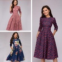 European and American women's A- line dress for autumn and winter party retro floral seven-point sleeve round neck dress