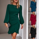 Di Yun Fall/Winter New European and American Women's Clothing Independent Station Elegant Bubble Sleeve Pure Color Dress