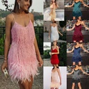 fashion tassel sequins multicolor birthday party sexy V-neck sling feather stitching dress dress