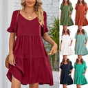 Women's Summer Casual V-neck Doll Three-layer Pleated Dress