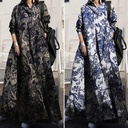 Large Size Women's Clothing Autumn Printed Cotton and Linen Dress Vintage Ethnic Style Clothes Loose Long Sleeve Large Swing Dress