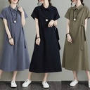 New Japanese and Korean Solid Color Cotton Linen Lapel Short Sleeve Loose Pocket Women's Casual Dress