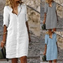 Independent Station New Loose Lapel Button Middle Sleeve Solid Color Cotton Linen Shirt Dress