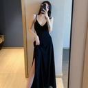 New Sling Small Black Dress Sexy Gentle V-neck Base Retro Long Side Split Black Dress for Women