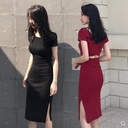 Spring and Summer New Korean-style ins Hip Dress Sexy Mid-length Split Short-sleeved Backless Base Dress for Women
