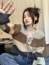Striped Contrast Lace-up Knitted Sweater Pure Wind Autumn and Winter New Design Sense V-Neck Short Long Sleeve Top