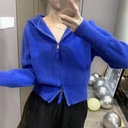Klein Blue Sweater Women's Age-reducing Design Sense Double-head Zipper Hooded Short Knitted Cardigan Fashionable Internet Celebrity Top
