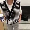 Korean Style Early Autumn Vest Women's Vest Striped Top V-Neck Irregular Loose Retro Western Style Cardigan Sweater Spring and Autumn