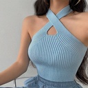 Summer New Spice Girls Sexy Cross Hollow Shoulder Halter Camisole Women's Cropped Knitted Top