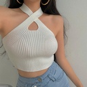 Summer hot girl sexy cross hollow off-the-shoulder halter camisole women's navel knitted top