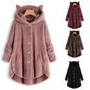 Autumn and Winter Button Hooded Cat Ear Plush Top Irregular Trendy Brand Solid Color Jacket for Women