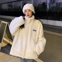 Stand Collar Lamb Wool Thickened Letter Cotton-padded Coat Cotton-padded Jacket Women's Spring and Autumn Loose Korean Style Short Sweatshirt