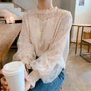 New Arrival White Korean Style Loose Long-Sleeved Mesh Lantern Sleeve Lace Base Shirt Inner Tops Blouse