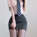 Original Korean jk Uniform Stretch Bubble Sleeve Pink Women's Tight Waist Shirt Hip Skirt College Style Suit Pure Desire Style