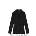 Black striped long-sleeved shirt for women Spring elegant all-match slim fit waist slimming mid-length top