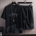 Summer New Snow Mountain Printing Short-sleeved T-shirt Set Men's Fashionable Korean Style Slim-fit Large Size Sports Two-piece Set