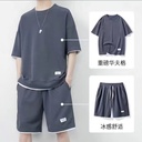 Waffle Sports Suit Men's Summer Ice Breathable Short-sleeved Shorts Two-piece Suit with Trendy Men's Clothing
