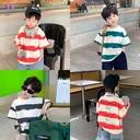 Children's Top Boys and Girls 2024 Summer Handsome Striped Short-sleeved T-shirt Baby's Letter Printed Loose Base Shirt