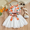 77137 Children's Clothing Summer Korean Style Women's Small and Medium-sized Children's Printed Lace Sling Hollow Cotton Dress Two-piece Set Trendy