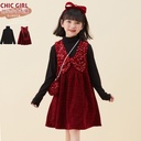 Girls' Clothing Velvet Dress Bow V-Neck Sequin Burgundy Dress High-End Girls Autumn and Winter Suit