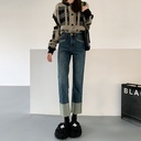 Fleece-lined Jeans Women's Winter High Waist Retro Flanging Straight Pants Stitching All-match Small Man Smoke Tube Cropped Trendy Pants