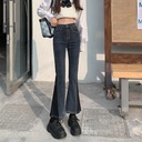 Large size plump girls spring new design sense niche color matching nine-point high waist stretch slim Micro flare jeans women