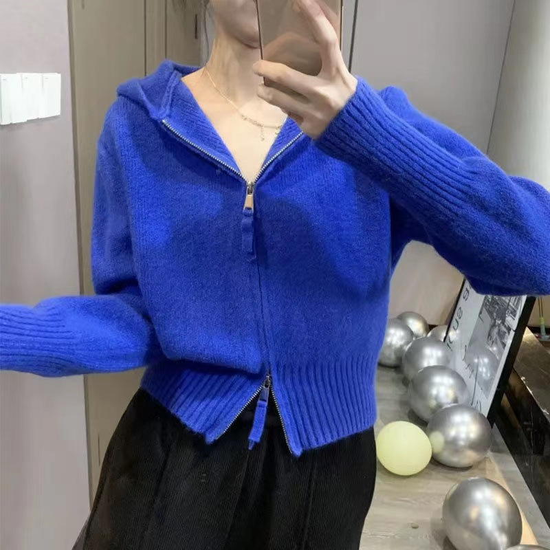 Klein blue sweater women's age-reducing design double-headed zipper hooded short knitted cardigan Fashion Net red top