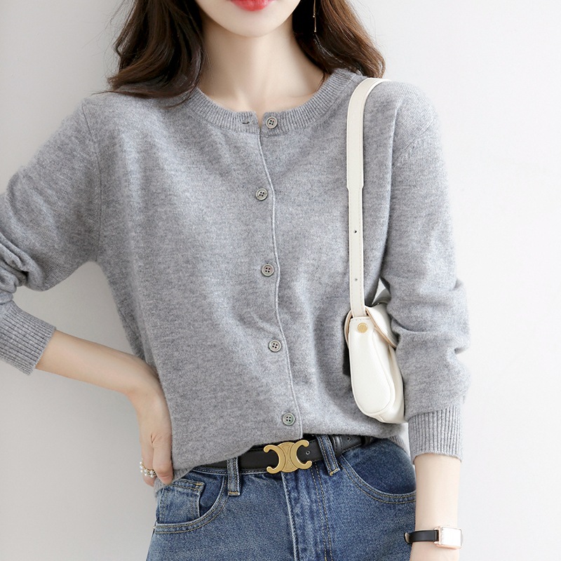 Spring and Autumn Long-sleeved Knitted Cardigan Women's Round Neck All-match Short Jacket Loose Casual Simple Sweater