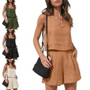 New European and American Women's 2-Piece Casual Suit Linen Shorts Sleeveless Top Vest