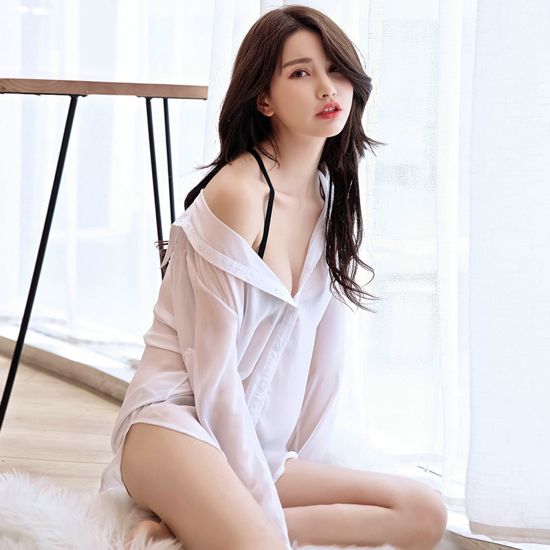 Pajamas Women's Spring and Autumn Sexy Temptation Shirt Chiffon New bf Style Top Women's Mid-length Korean-style Sunscreen Shirt