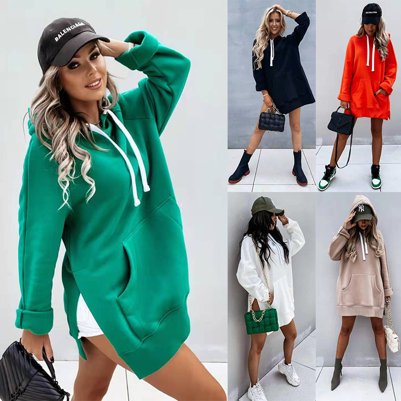 Europe and the United States autumn and winter Ladies solid color hooded long sweater spot