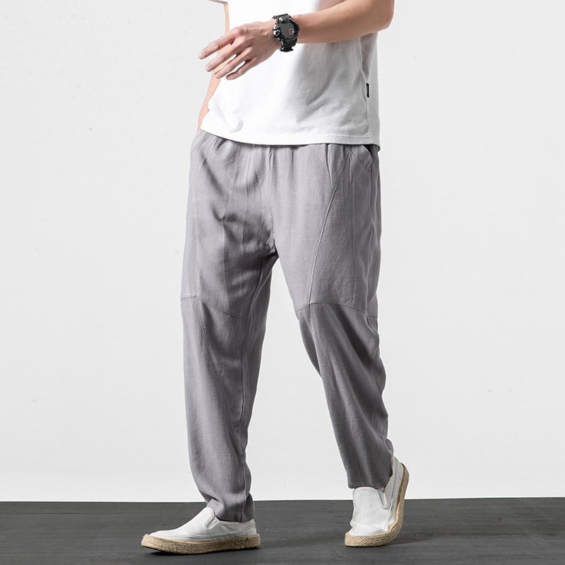 2024 Japanese Style New Style Men's Thin Linen Pants Casual Pants Youth Cotton and Linen Bloomers Large Size Loose Wide Leg Pants
