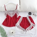 Spring and Autumn Summer Sling Shorts Two-piece Ice Silk Pajamas Women's Sexy Large Size Lace Silk Home Clothes