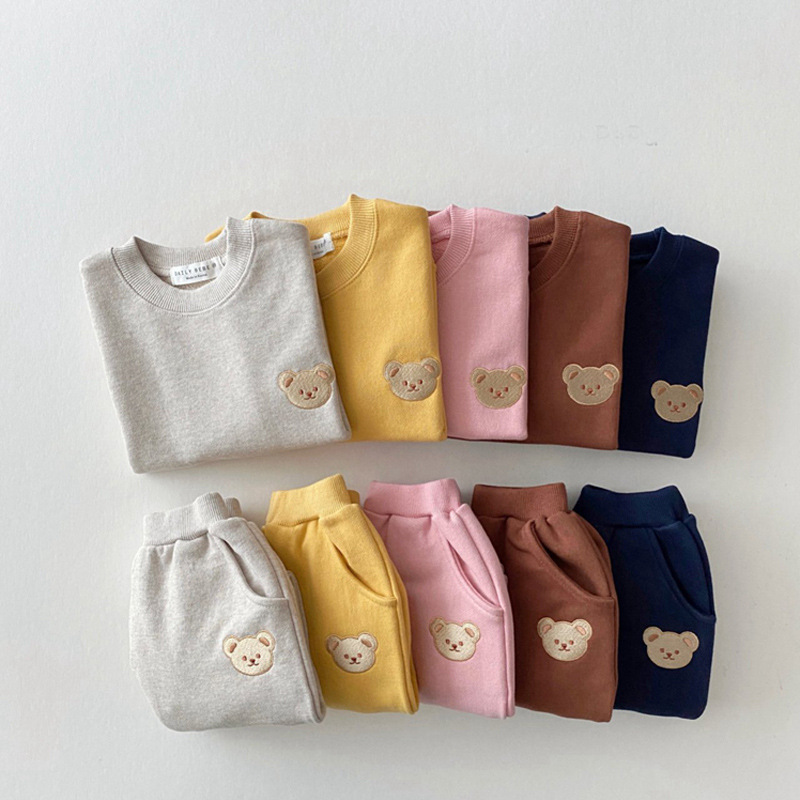 Korean-style ins Newborn Baby Cotton Cubs Round Neck Sweatshirt Sports Suit Baby Casual Cartoon Two-piece Set