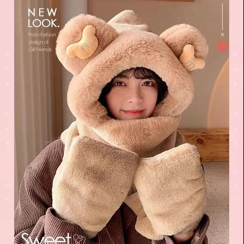 Little Bear Hat Children's Scarf Gloves One Winter Student Warm Cute Neck Plush Three-piece Set Thickened Internet Celebrity