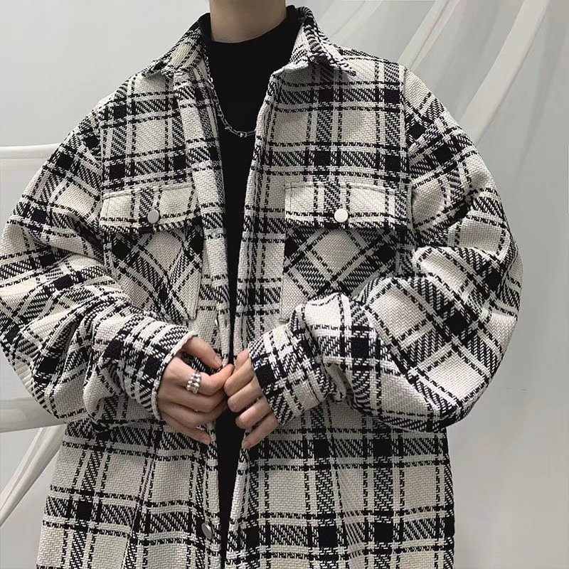 Woolen Plaid Jacket Men's Spring Hong Kong Style Instagram Popular Brand All-match Loose Top Korean Fashionable Jacket for Teenagers