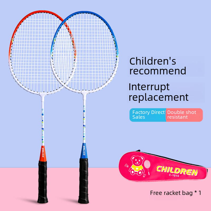 Factory direct selling children's badminton racket 2 sets for students, middle and large children's iron alloy beginner double racket parent-child